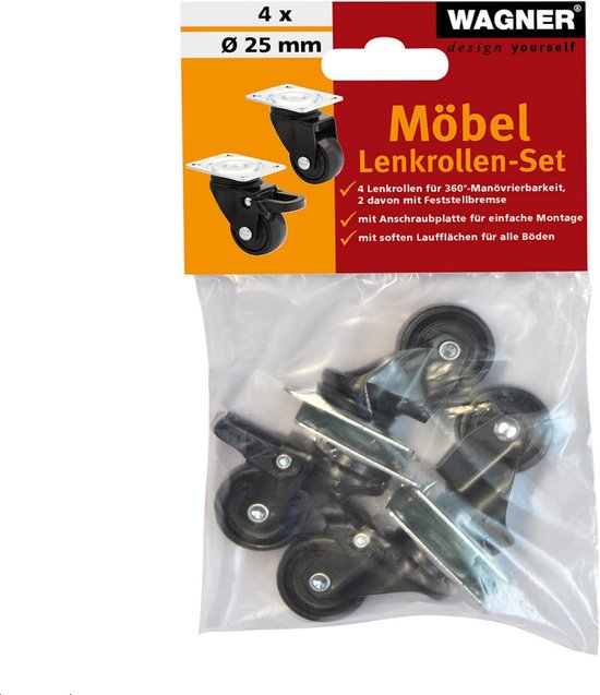 WAGNER Design - 3C - Castors/Device Wheels/Furniture Wheels Set of 4 - Black, Soft Tread, Diameter 50 mm, 2 Wheels Without 2 with Lock, Ball Bearings, Load Capacity 50 kg/Roll - 0225204