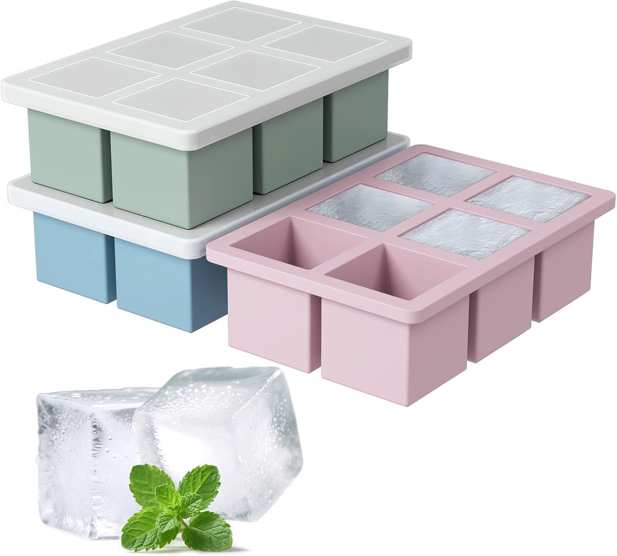 Grote siliconen ijsblokjesvorm 3-pack, grote vierkante ijsblokjesvormen voor whiskycocktails, ijsblokjesvorm met deksel voor vriezer, eenvoudig los te maken (3, blauw + groen + roze)
