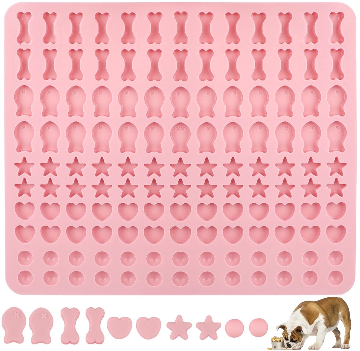 Bakmat voor hondenkoekjes, siliconen bakmat voor hondensnoepjes, 5 vormen in 1 BPA-vrije bakmat, bakvorm voor zelfgemaakte hondenkoekjes en hondensnoepjes (130 roosters, halfrond, vis, bot, ster, hartvorm)