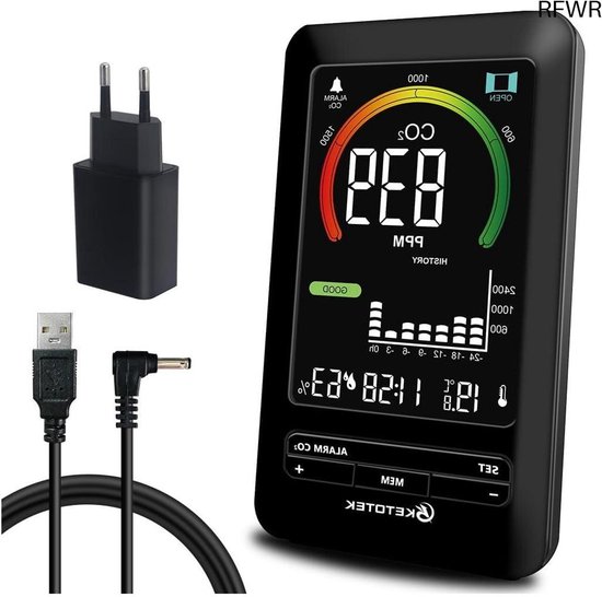 RFWR® CO2-meter voor Luchtkwaliteit, Temperatuur en Vochtigheid - Nauwkeurige Metingen met Alarm
