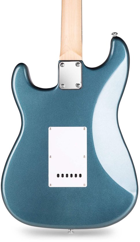 Achterkant van een blauwe elektrische gitaar met houten hals en witte halsplaat.