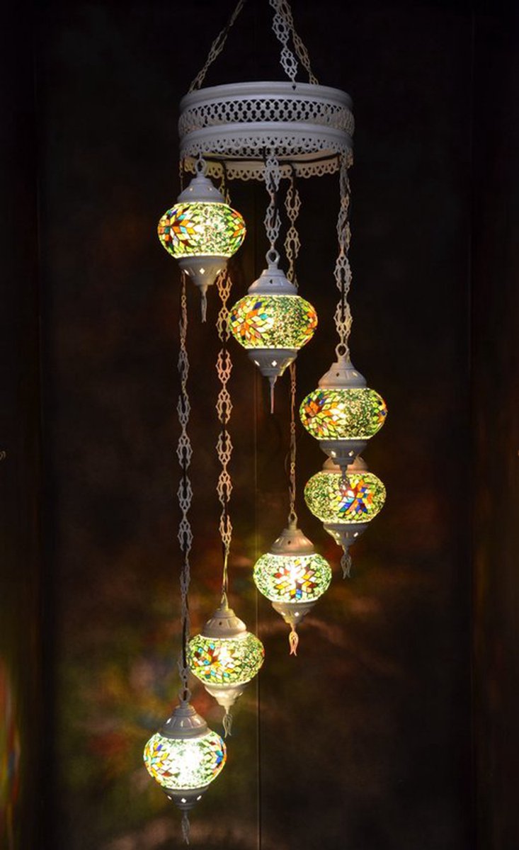 Hanglamp multicolour groen glas mozaïek Oosterse lamp kroonluchter Crèmewit 7 bollen
