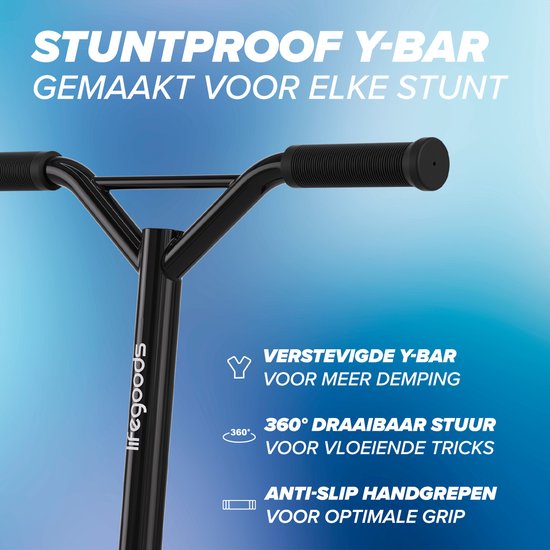 Stuur van blauwe stuntstep met 'STUNTPROOF Y-BAR' tekst. Verstevigde Y-bar, 360° draaibaar stuur.