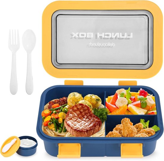 Lunchbox - glas - bamboe deksel - met bestek - 17 x 13 x 7 cm | Fun en