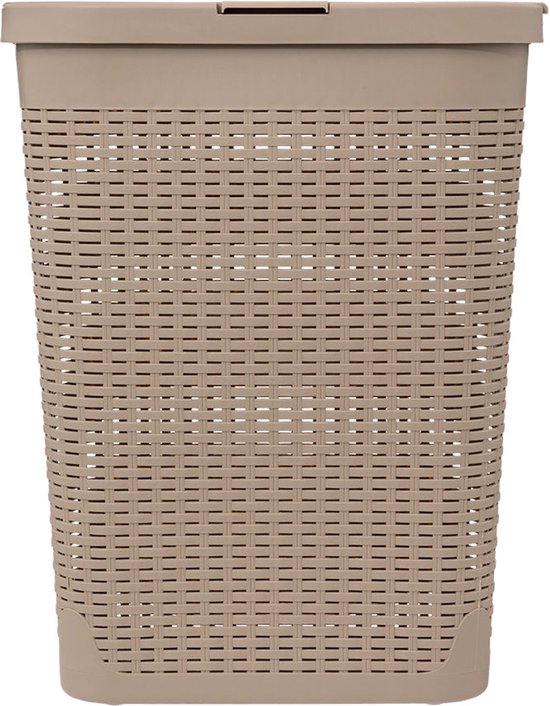 Beige, rechthoekige wasmand met gevlochten patroon en deksel.