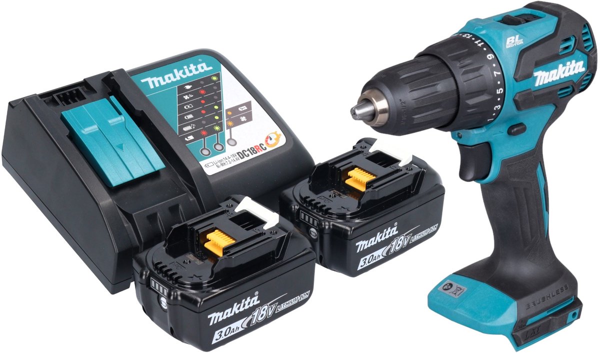 Makita DHP 490 RF accu klopboormachine 18 V 65 Nm borstelloos + 2x accu 3.0 Ah + lader
