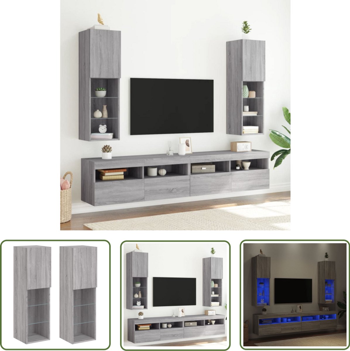 vidaXL Houten Tv Kast - Tv Meubel - Tv-meubels met LED-verlichting 2 st 30,5x30x102 cm grijs sonoma - Led Tv Meubel - Grijze Tv Kast - Salontafel