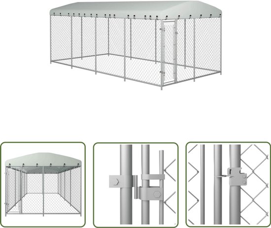 Chenil The Living Store - Grande - construction renforcée - 7,6 x 3,8 x 2,3 m (L x P x H) - Toit 100 % PE - Couleur Argent - Acier galvanisé - Mailles de chaîne - Système de verrouillage verrouillable - Convient aux chiens
