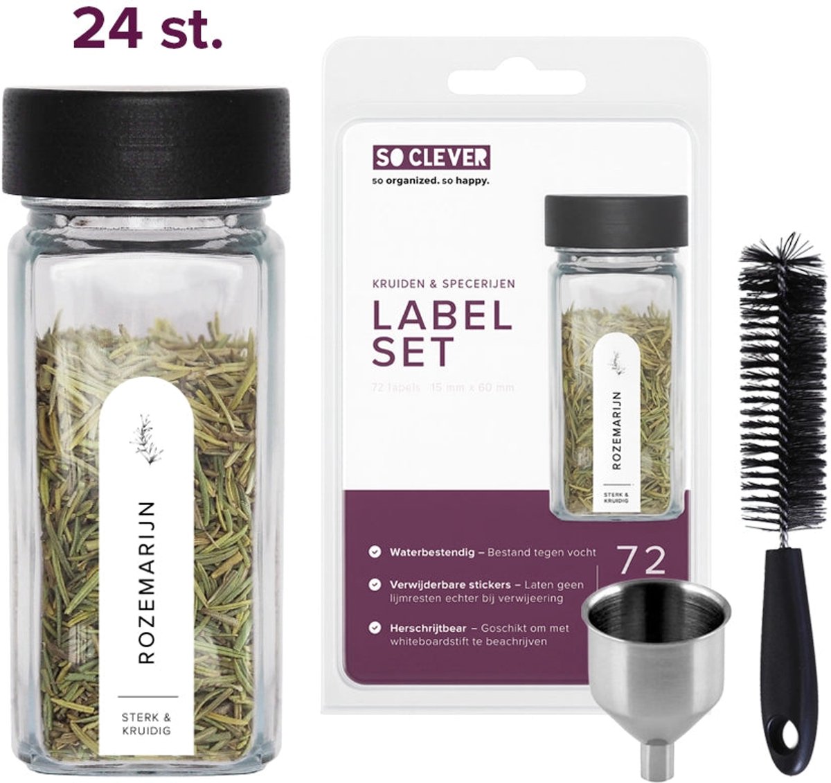 So Clever kruidenset 24 Kruidenpotjes 120 ml met 15x60mm Labels - Transparant & Wit - Met deksel