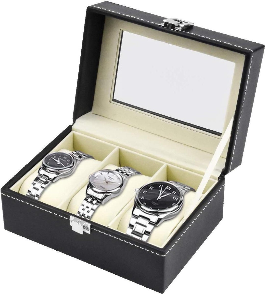 Allecto Premium - Horlogedoos voor 3 horloges met grote kunststof vakken en transparante ramen, zachte kussens, zwart - Opbergbox Horloges - Sieradendoos met Vakken