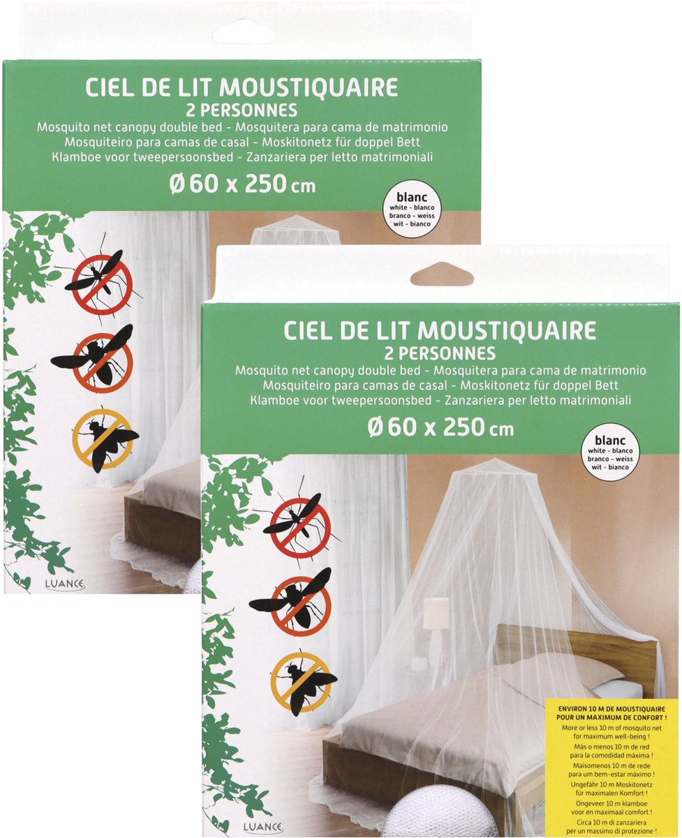Luance tweepersoons hemelbed klamboe - 2x - wit - 60 x 250 cm - muggen/insecten net - mesh