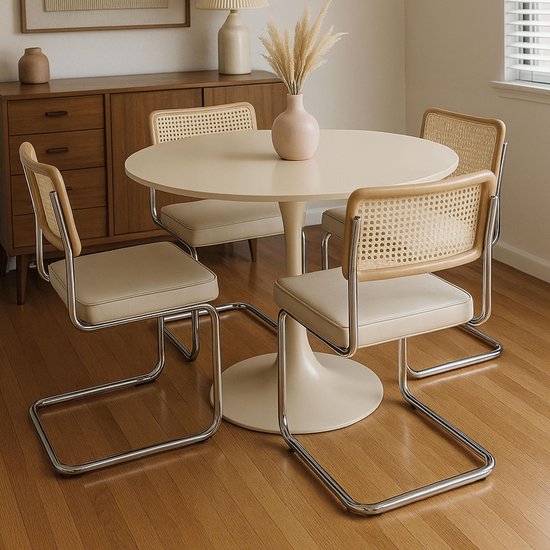 Ronde eettafel met 4 stoelen, set van tafel (gele travertijn textuur