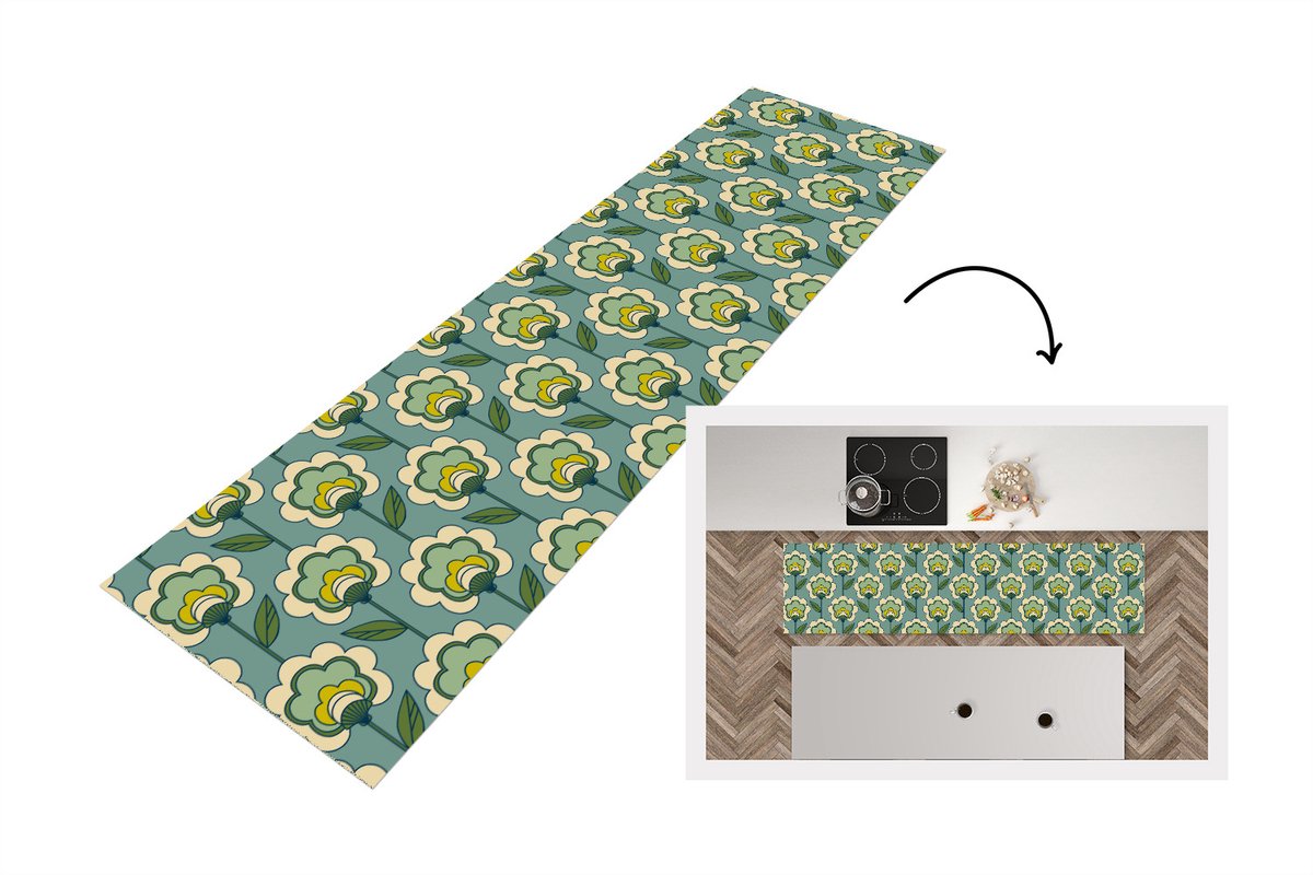 KitchenYeah Keukenloper 240x60 cm - Keukenmat vinyl Retro - Design - Jaren 70 - Bloem - Keukenmatten loper - Keuken vloerkleed tapijt