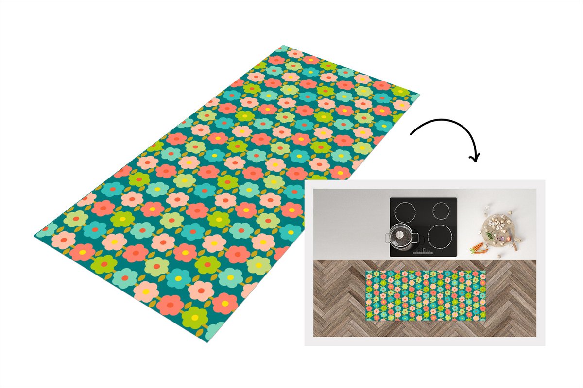 KitchenYeah Keukenloper 120x50 cm - Keukenmat vinyl Patroon - Bloemen - Retro - Jaren 70 - Keukenmatten loper - Keuken vloerkleed tapijt