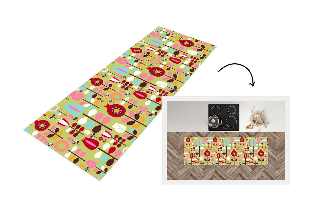 KitchenYeah Keukenloper 180x60 cm - Keukenmat vinyl Patronen - Bloemen - Kleuren - Keukenmatten loper - Keuken vloerkleed tapijt
