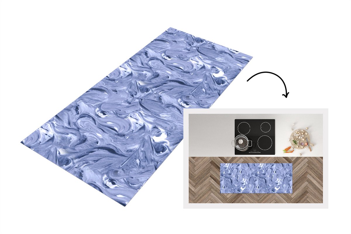 KitchenYeah Keukenloper 120x50 cm - Keukenmat vinyl Blauw - Verf - Marmer print - Patronen - Keukenmatten loper - Keuken vloerkleed tapijt