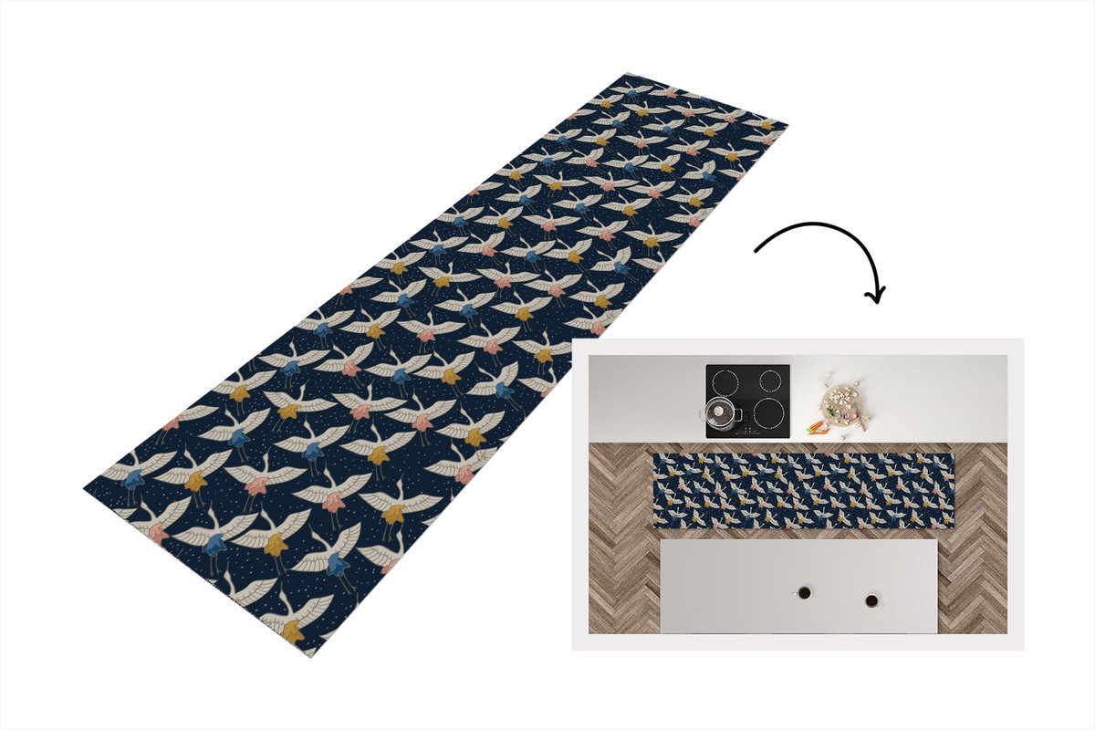 KitchenYeah Keukenloper 240x60 cm - Keukenmat vinyl Vogels - Nacht - Japan - Patronen - Keukenmatten loper - Keuken vloerkleed tapijt