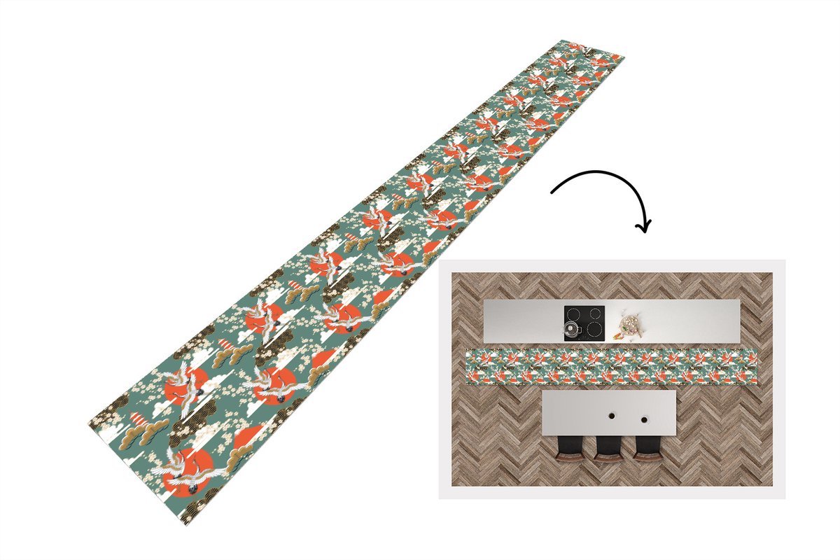 KitchenYeah Keukenloper 480x60 cm - Keukenmat vinyl Kraanvogel - Sakura - Zon - Patronen - Keukenmatten loper - Keuken vloerkleed tapijt Kraanvogel - Sakura - Patronen