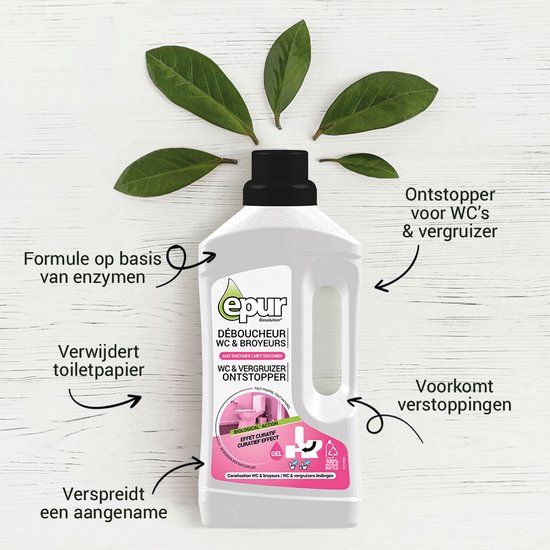 Epur WC & vergruizer ontstopper fles met bladillustraties en Nederlandse tekst die de voordelen beschrijft.