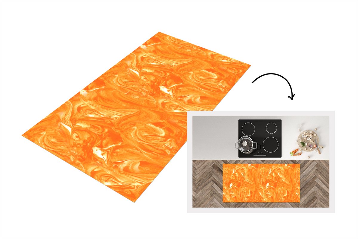 KitchenYeah Keukenloper 120x60 cm - Keukenmat vinyl Oranje - Marmer print - Verf - Keukenmatten loper - Keuken vloerkleed tapijt