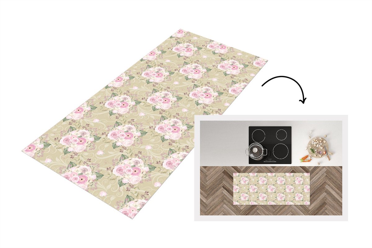 KitchenYeah Keukenloper 120x50 cm - Keukenmat vinyl Roos - Patronen - Bloemen - Keukenmatten loper - Keuken vloerkleed tapijt Rozen
