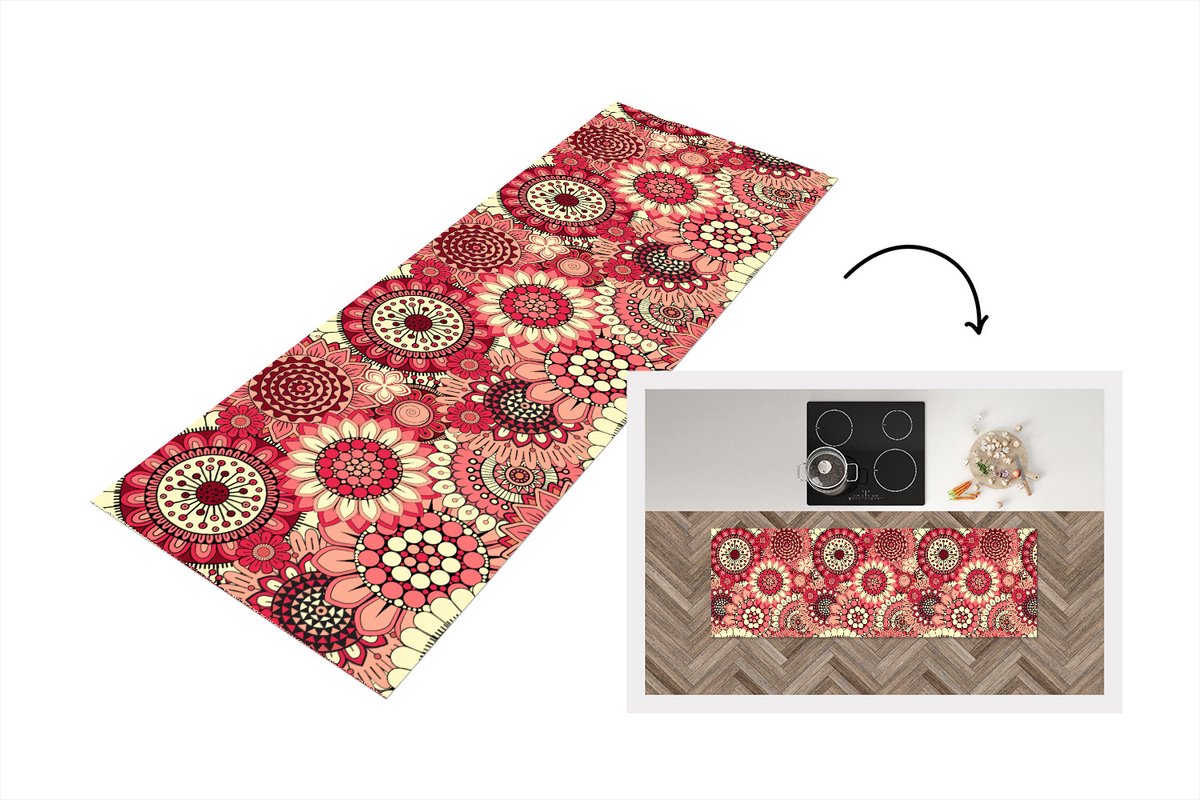 KitchenYeah Keukenloper 180x60 cm - Keukenmat vinyl Bloem - Mandala - Retro - Patroon - Keukenmatten loper - Keuken vloerkleed tapijt