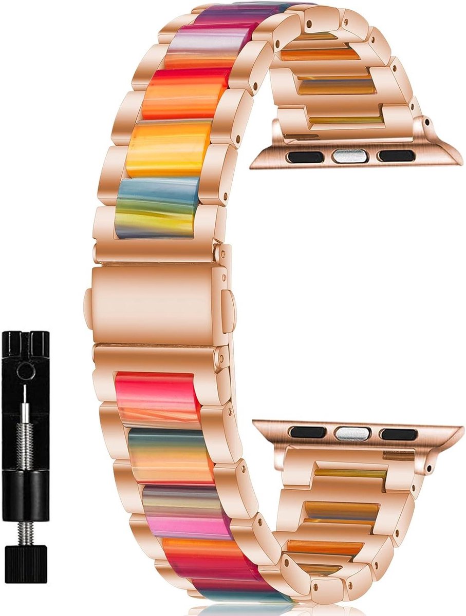 Allecto Premium - Metalen armband van kunsthars en roestvrij staal voor Apple Watch Series 10 - Regenboog - 42mm-44mm-45mm-46mm-49mm - Luxe horlogeband met stijlvol design voor 38 mm-40 mm-41 mm-42 mm.