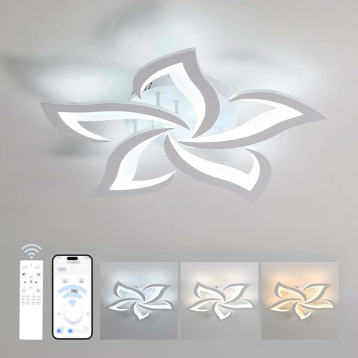 Moderne dimbare LED-plafondlamp met afstandsbediening, bloemvormige plafondverlichting voor woonkamer, slaapkamer, keuken, gang, balkon, eetkamer, wit