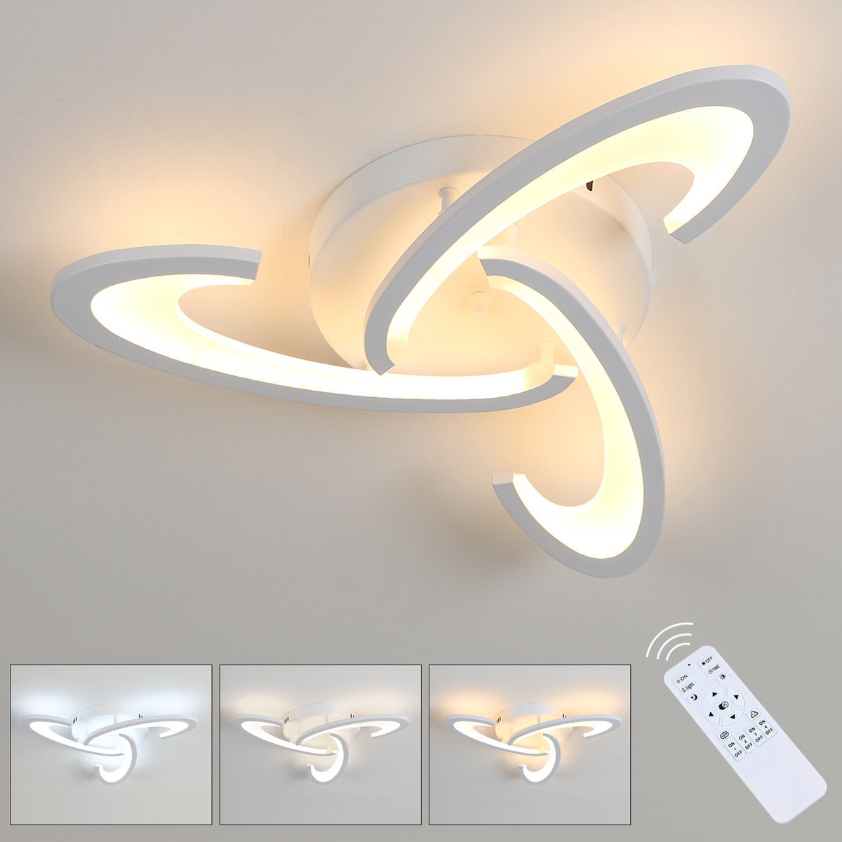 Moderne dimbare LED-plafondlamp, 30W met afstandsbediening, 3000K-6500K, 3 koppen acryl, LED-plafondlamp voor slaapkamer, woonkamer, entree