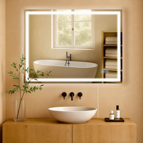 Badkamerspiegel Met LED Verlichting En Verwarming 80cm - Afimera Luna Randloos Wandspiegel Rond Touch Bediening Dimbaar Aanpasbare Lichtkleur