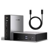 Zilverkleurige Wavlink docking station en een compactere unit met zwarte voorkant en USB-poorten, naast een opgerolde USB-C kabel.
