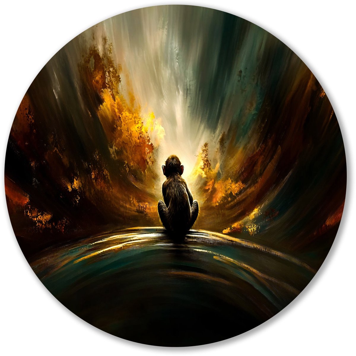 Aap in kleurrijke natuur - Reflectie schilderij rond - Rond wandpaneel aap - Surrealistisc