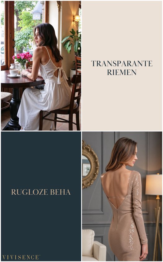 Collage: vrouw in witte jurk met strik op rug, model in beige jurk met pailletten en lage rug, tekst: TRANSPARANTE RIEMEN, RUGLOZE BEHA.