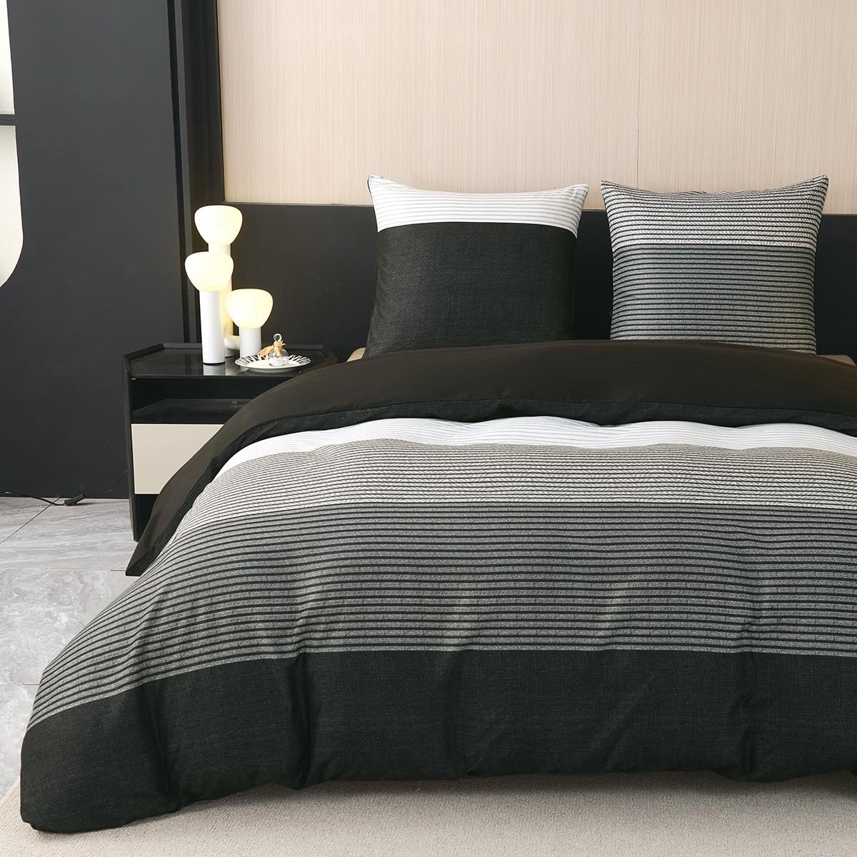 Ibenzoa® Beddengoedset 135x200 cm Zwart Gestreept Microvezel met Kussenhoes en Rits