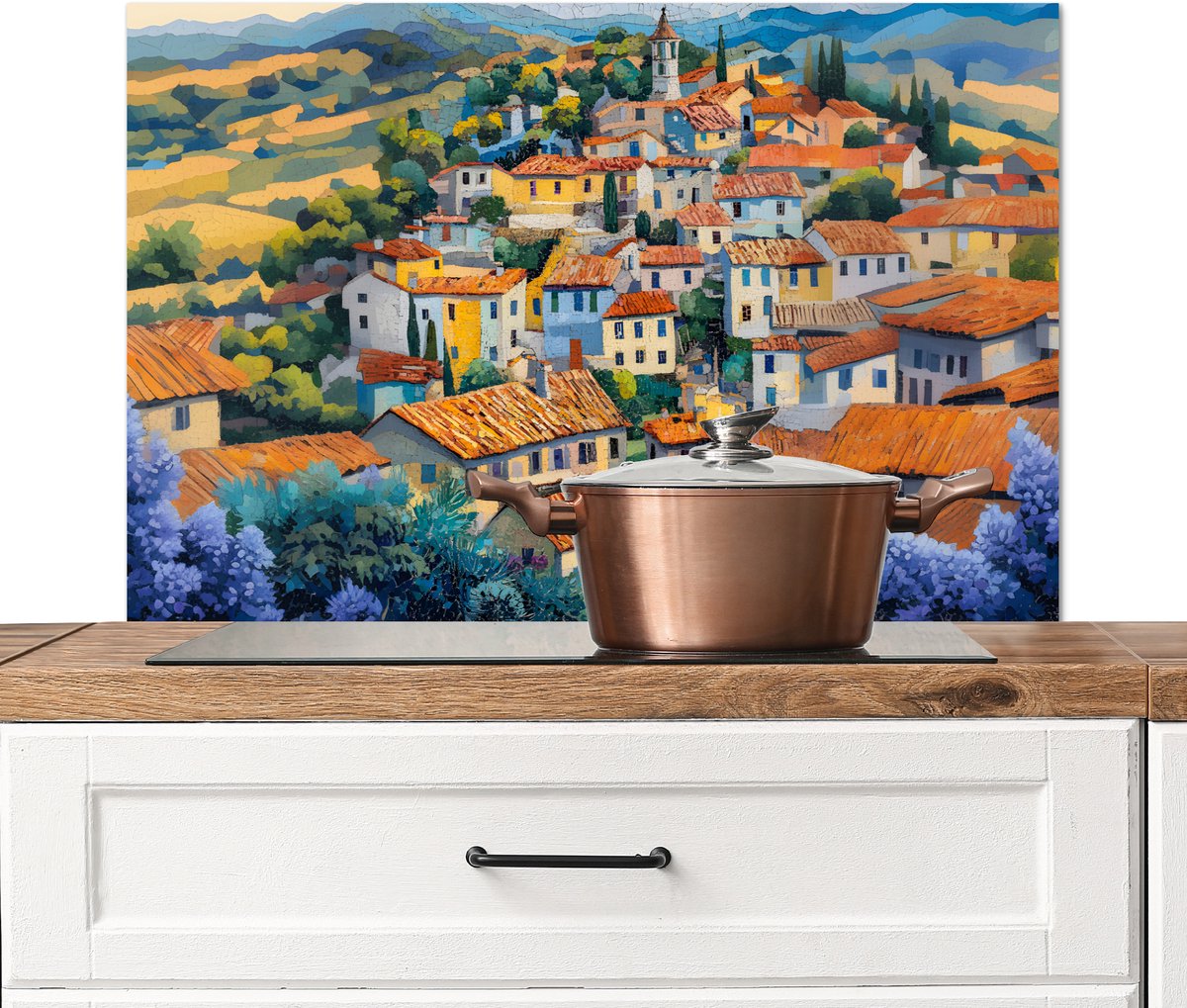 Spatscherm keuken 80x55 cm - Kookplaat achterwand Dorp - Heuvels - Landschap - Bomen - Muurbeschermer - Spatwand fornuis - Hoogwaardig aluminium