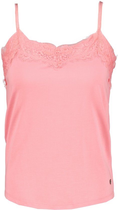 Roze top met kanten afwerking aan de bovenrand en verstelbare bandjes.
