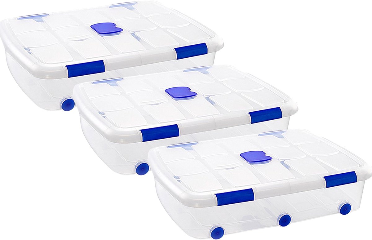 PLASTICFORTE Opslagbox - 3x stuks - met deksel - 56L - 80 x 60 x 18 cm - transparant - opbergbak - met wielen