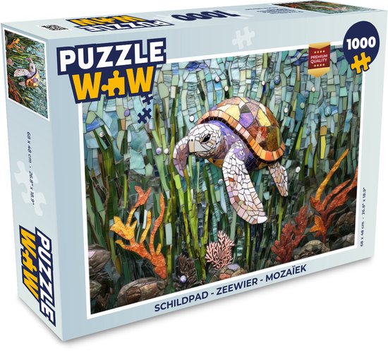 Boîte de puzzle PuzzleWow 1000 pièces : une tortue en mosaïque nageant dans des algues. Dimensions 68 x 48 cm.