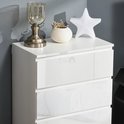 Bovenzijde van een witte ladekast met decoratie.