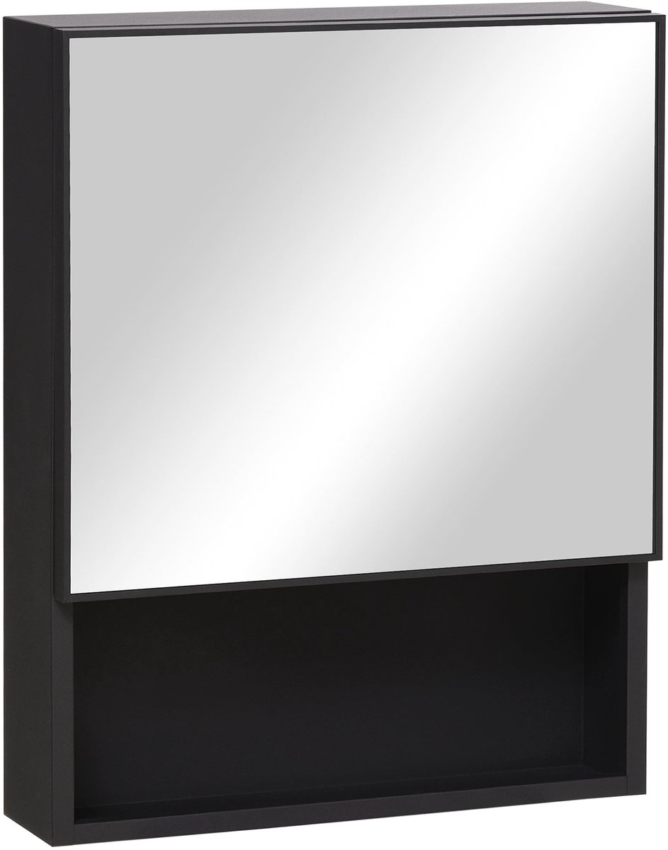 Merax Badkamerspiegelkast Wandkast – RVS Spiegelkast Met Glazen Plank – 46x58 cm – Zwart – Wandmontage – Geen Montage Nodig