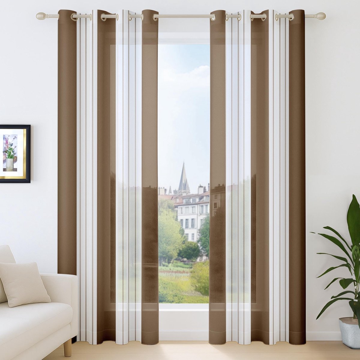 Ibenzoa® Transparante Voile Gordijnen met Boho Strepenpatroon en Ringen voor Slaapkamer, 138 x 140 cm, Set van 2