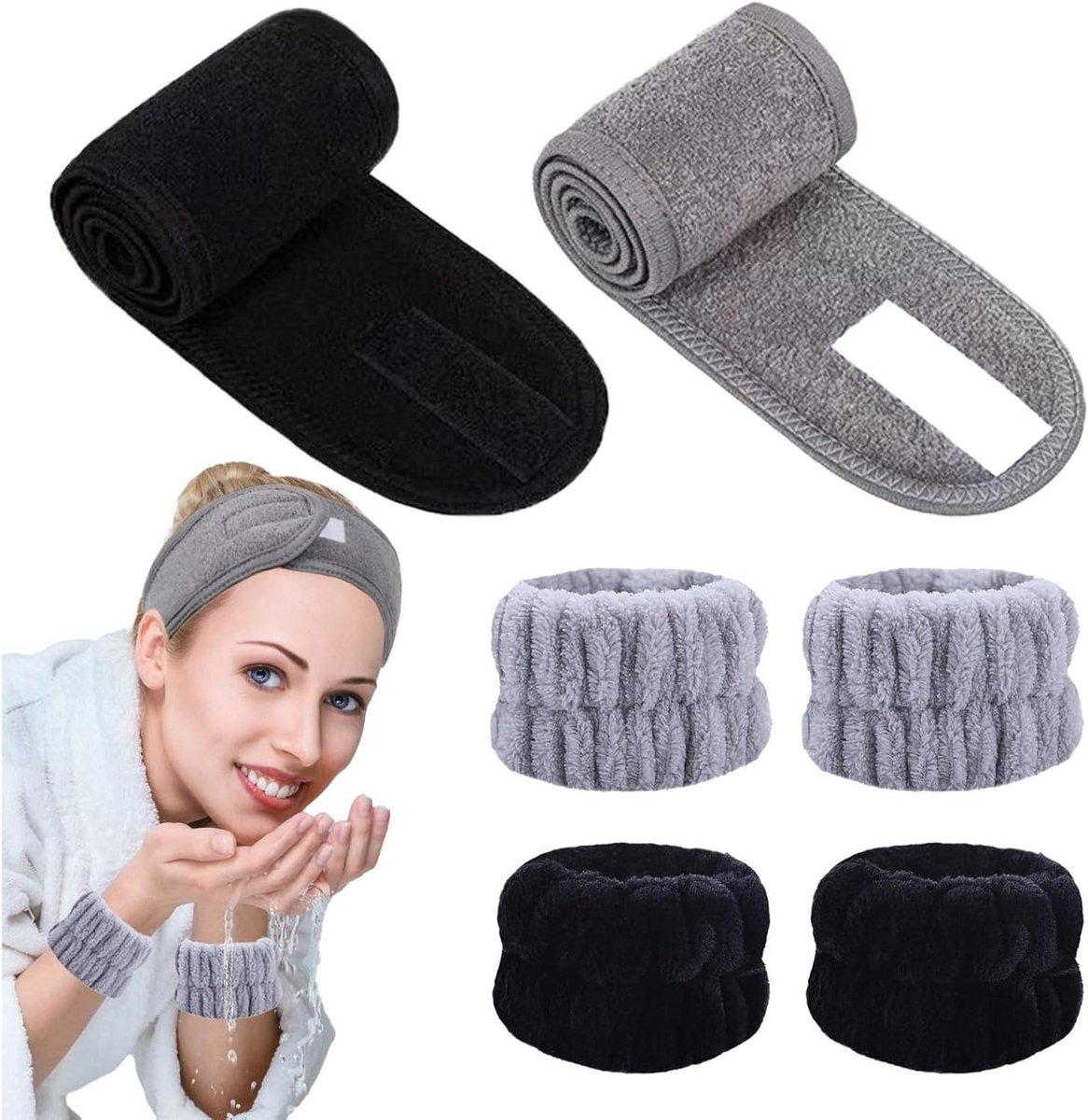 Allecto Plus - 6-delige set zachte stretch spa hoofdbanden voor vrouwen - Make-up & gezichtsverzorging - Magische sticker - Huidverzorging hoofdband - Voor gezicht wassen - Douche - Pols wasband