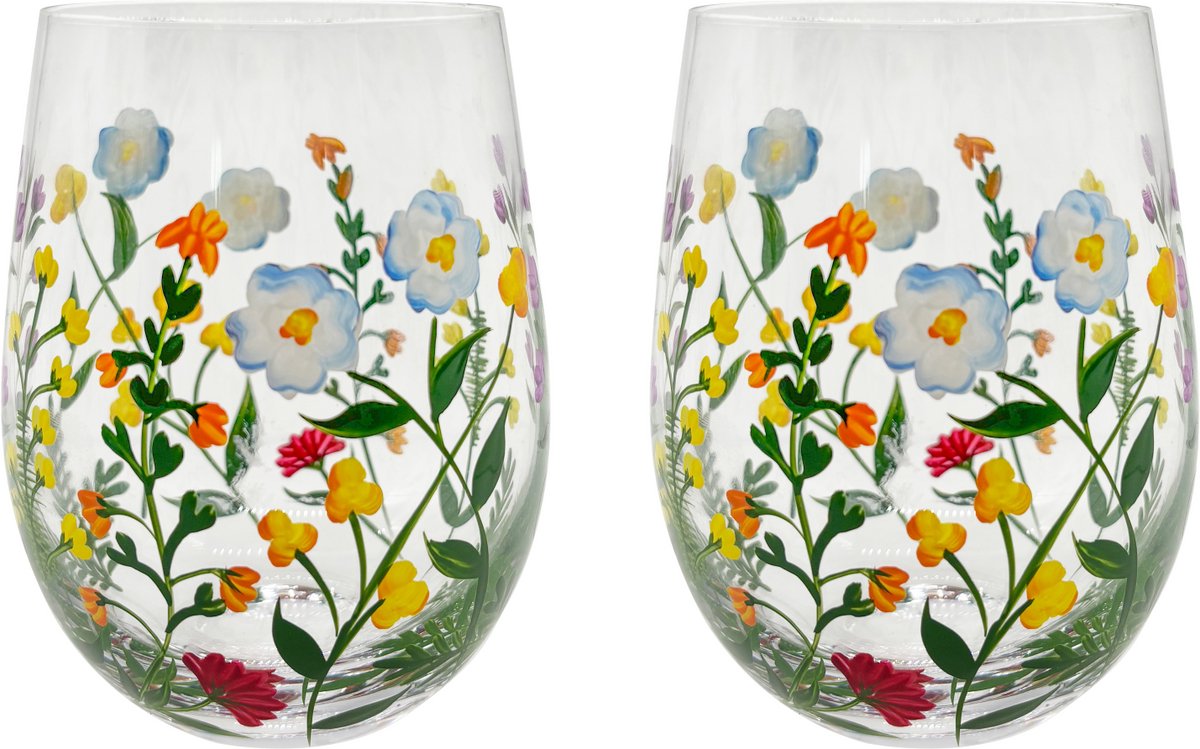 Livellara Milano Flora "Meadowsweet" een set van 2 tumbler/mocktail glazen - handbeschilderd met weidebloemetjes