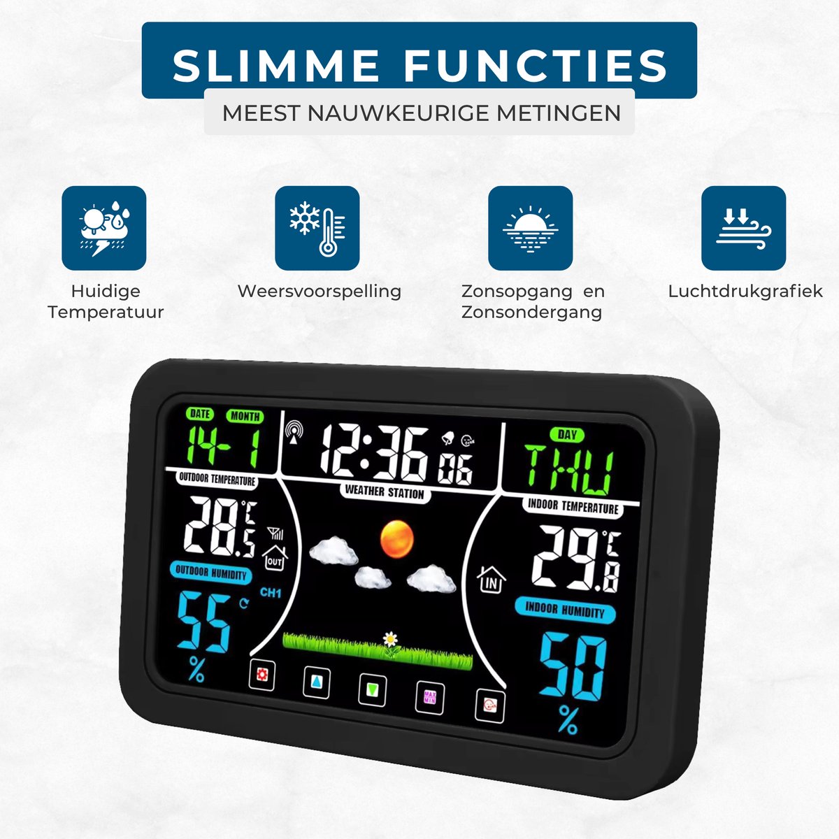 CSL Draadloos weerstation met kleurendisplay en buitensensor, 20 cm LCD- kleurendisplay, luchtdruk, barometer, temperatuur, weersvoorspelling, vorstalarm, datum, tijd, wekker met sluimerfunctie