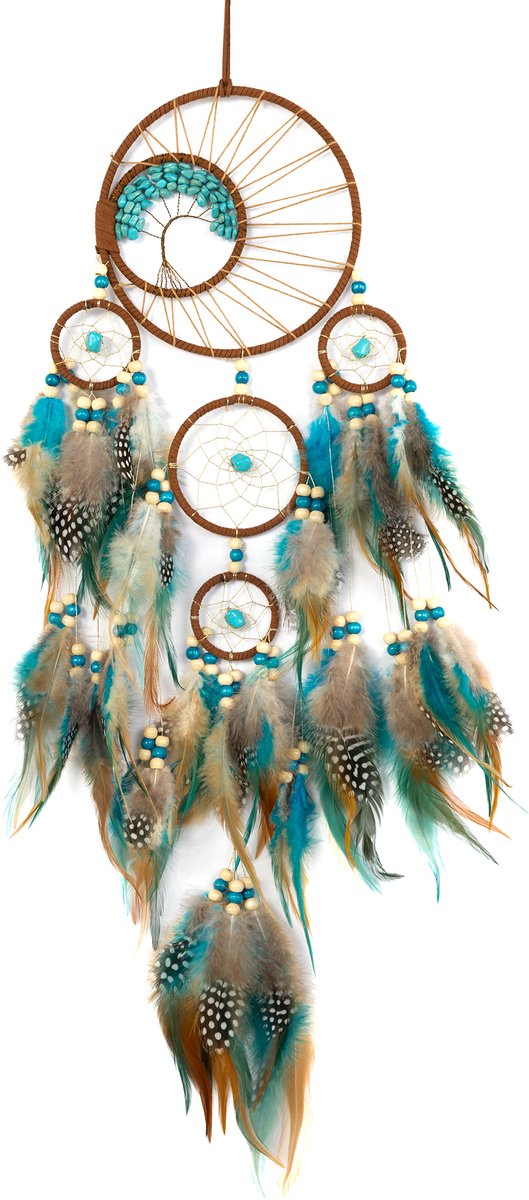 KIMU® Dromenvanger Blauw Bruin - Dreamcatcher Veren Macramé - Bohemian Ibiza Kinderen Boho Babykamer Buiten Kado Meisjeskamer Veertjes Festival