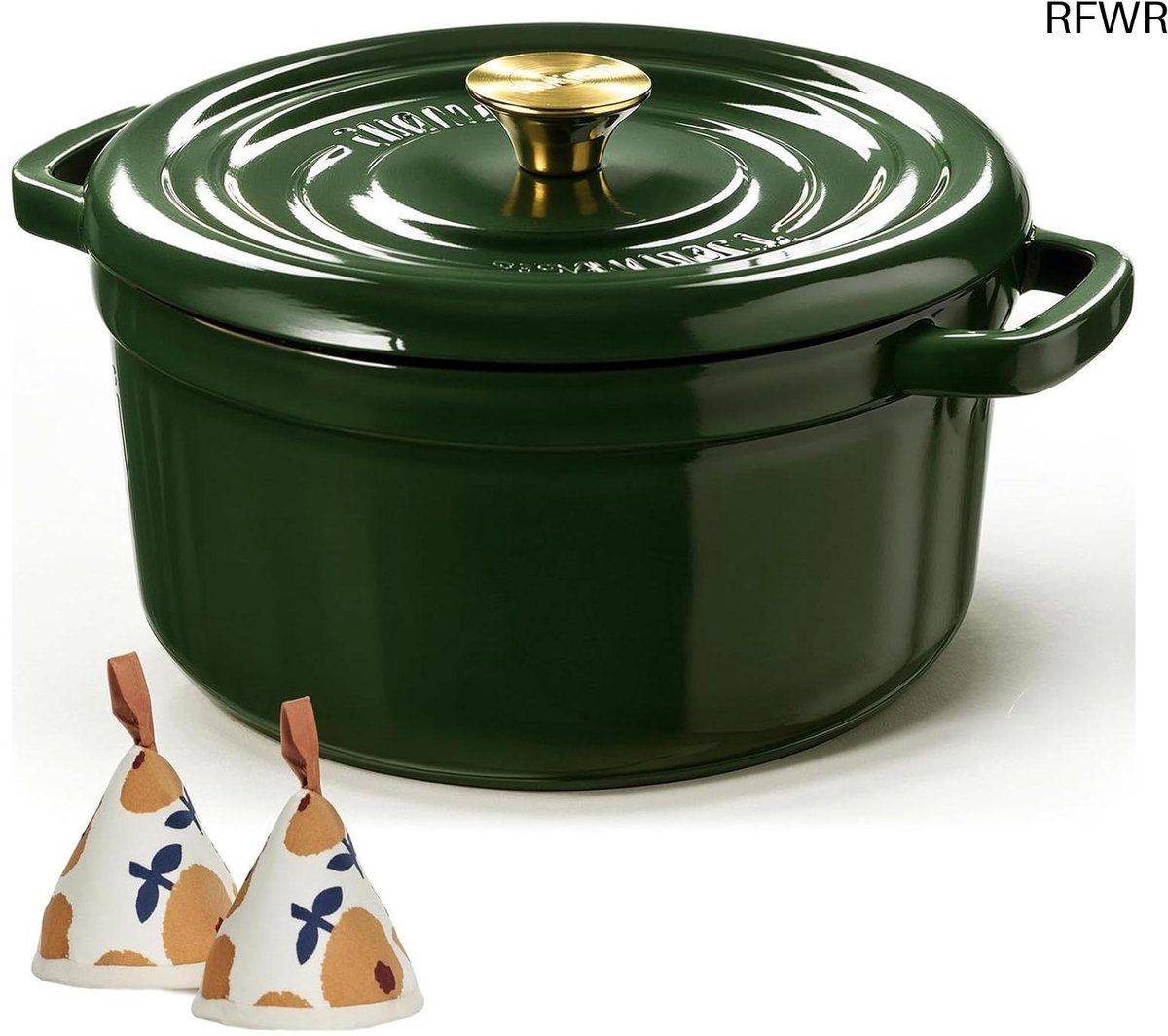 RFWR® Duurzame Dutch Oven van geëmailleerd gietijzer met deksel, kookboek en pannenlap - Perfect voor stoven, braden en brood bakken