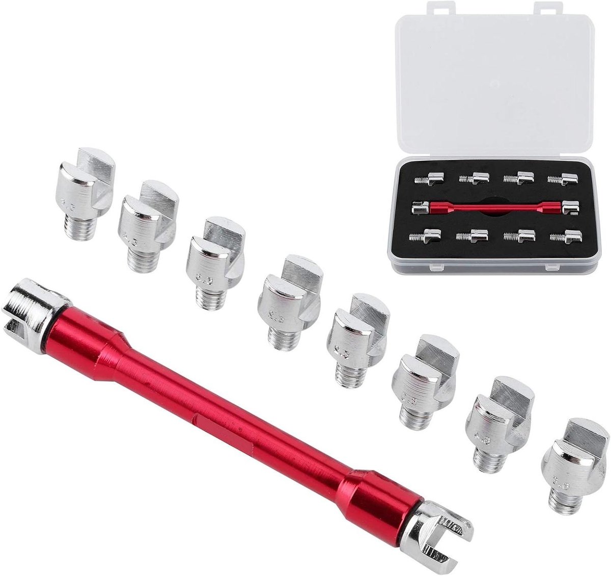 Allecto Plus - Motorfiets Spakensleutel Set voor het Aanpassen van Bandstaaldraad - CNC Sleutel Set - Lengte 93mm/3.7in - Geschikt voor de meeste motorfietsen - Inclusief opbergtas - Rood