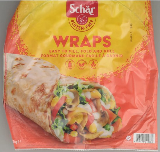 Verpakking met gluten-free wraps, met een gevulde wrap in de voorgrond.