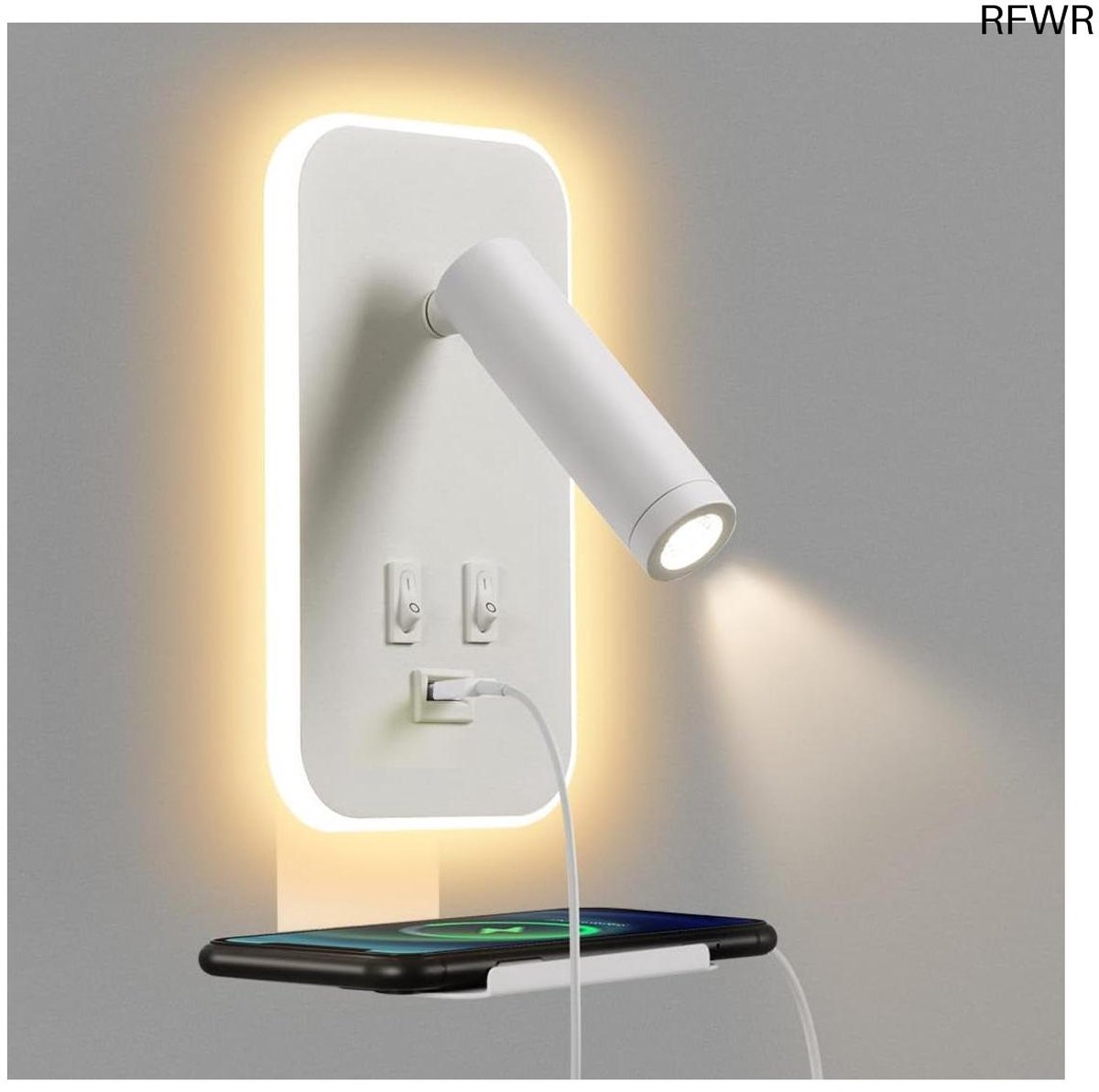 RFWR® LED-wandlamp met USB-oplader en leeslamp voor aan het bed