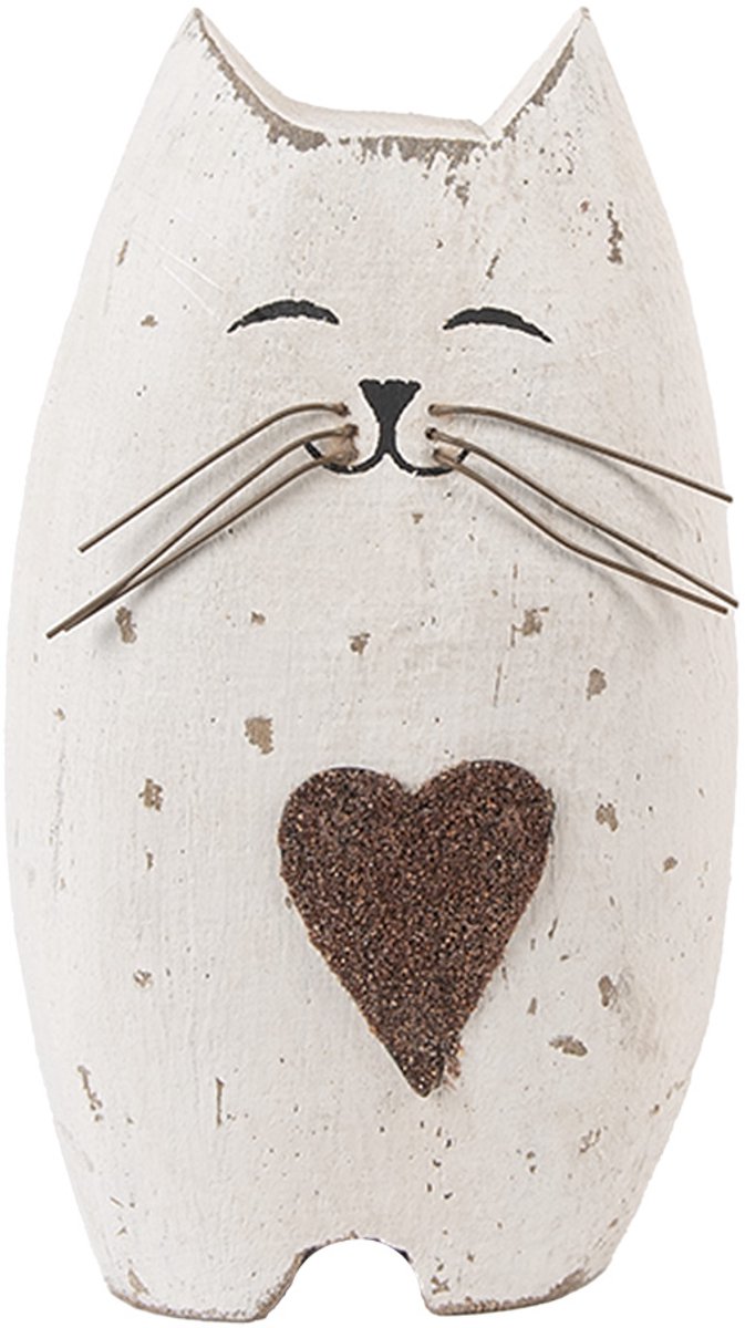 Decoratie Beeld Kat 8x6x14 cm Wit Bruin Hout